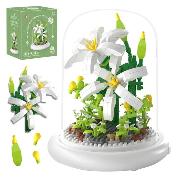 kececo Kit Toys, 510 Mini Brick Building Blocks Set, dust Cover, Decorative Flowers, Gift for Girls and Mothers and Girlfriends, Pure White Lily Building Blocks Flower Set