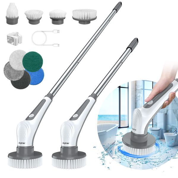 Electric Spin Scrubber, 10 in 1 Airpher Cordless Cleaning Brush IPX8 with 9 Replaceable Brush Heads and 4 Tier Removable Handle, Power Shower Scrubber for Bathroom, Tub, Tile, Floor, Kitchen, Window