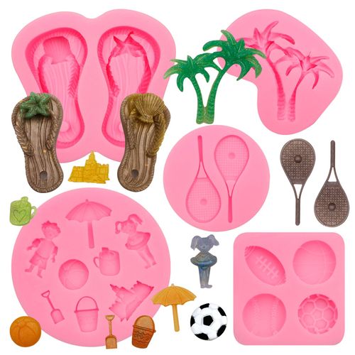 Summer Beach Holiday Silicone Molds 5 Pcs, Slippers Coconut Tree Sand Castle Fondant Molds, Rugby Tennis Soccer Leather Ball Chocolate Molds for Cake Cupcake Candy Cookie Decoration Clay Resin