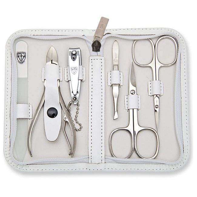 3 Swords Germany - brand quality 6 piece manicure pedicure grooming kit set for professional finger & toe nail care scissors clipper genuine leather case in gift box, Made in Solingen Germany (02266)