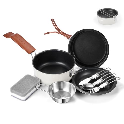 Odoland 10pcs Camping Cookware Non-Stick Camping Pot and Pan Set with Plate Bowl Fork Knife Spoon for Backpacking, Hiking, Outdoor Cooking and Picnic