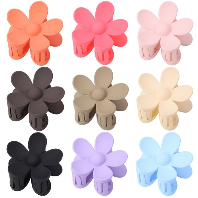 DELOVO 9 Pack Flower Claw Clips Big Hair Claw Clips for Women Cute Large Flower Hair Clips for Thick Hair Matte Claw Clips Plastic Jaw Clamps Hair Accessories Blue,Brown,Beige,Hot Pink,Khaki,Orange