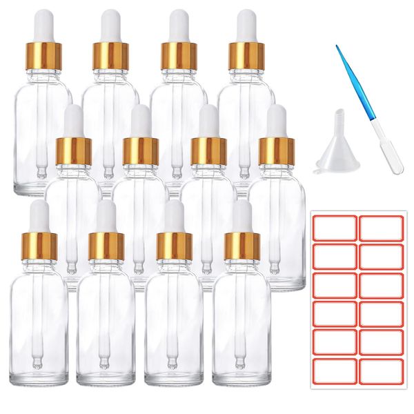 ToKinCen 12 x 30ml Dropper Bottle Transparent Glass Bottles with Glass Pipette Essential Bottles Small Sample Dropper Bottles Refillable with Plastic Funnels and Labels