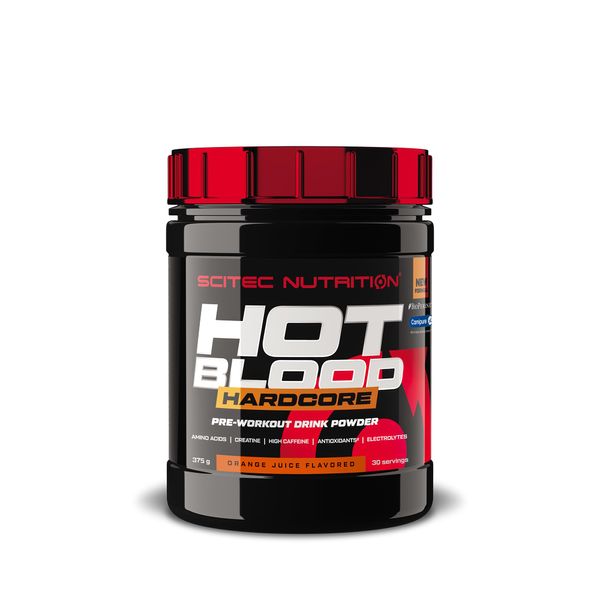 Scitec Nutrition Hot Blood Hardcore, pre-workout drink powder with amino acids and creatine, 375 g, Orange juice