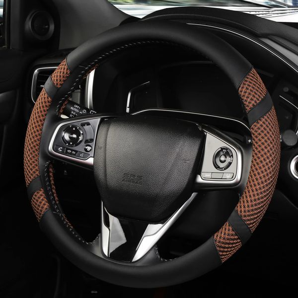 BOKIN Car Steering Wheel Cover 14.5 Leather Wheel Covers for Men Women Brown Steering Wheel Accessories with Breathable Microfiber