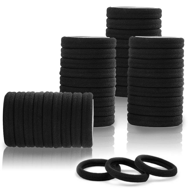 100PCS Black Hair Ties for Women, Seamless Cotton Hair Bands, No Crease No Damage Hair Tie for Thick Thin Hair, Soft Ponytail Holders Hair Accessories for Girls