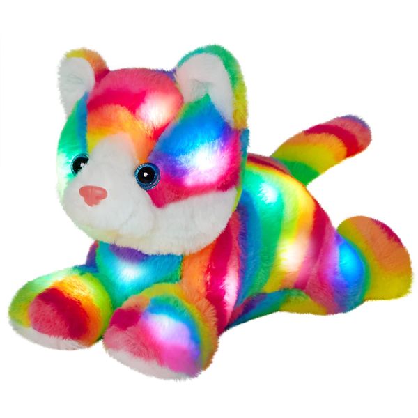 Glow Guards 13'' Light Up Rainbow Cat Plush Toy with LED Night Light & Lullaby for Kids, Soft Stuffed Animal Christmas & Birthday Gift