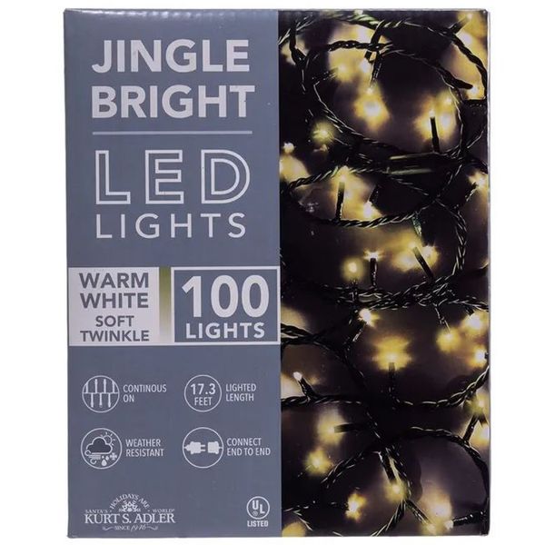 Kurt Adler 100-Light Jingle Bright LED Twinkle String Light, Warm White, 17ft
