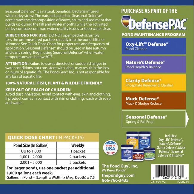 The Pond Guy Seasonal Defense, Spring & Fall Beneficial Bacteria, Barley & Enzymes, Cold Water Pond Sludge & Scum Treatment, Fish & Plant Safe, 12 Packets