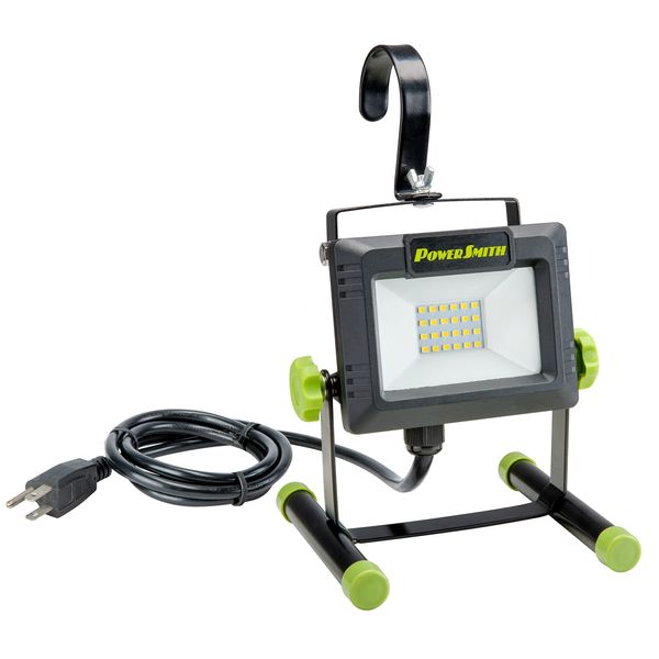 PowerSmith PWLS020H 2000 Lumen LED Weatherproof Tiltable Portable Work Light with Large Adjustable Metal Hook, 360° Tilt, Metal Stand, Impact-Resistant Glass Lens and 5 Year Warranty , Black