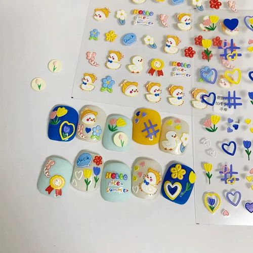 Dedyel New 5D Embossed Graffiti Nail Art Sticker Decal Cute Yellow Duck Hit Color Graffiti Colorful Flower Nail Art Embossing Sticker Hand Painted Graffiti Back Glue Nail Sticker for Nail Art DIY Design (2 Pcs)