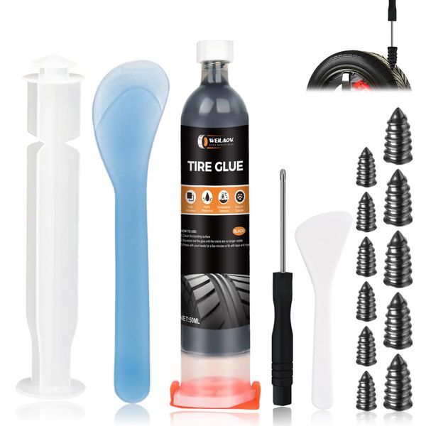 WEILAOK Rubber Glue for Tyres, Tyre Glue, Car Tyre Repair Kit, Car Tyre Repair Kit with 10pcs Tire Repair Rubber Nails for Quick Repair of Car and Motorcycle Tire, Black, 50ml