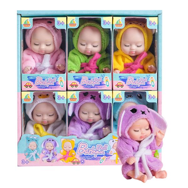 Carreuty 6 Set Mini Baby Dolls 4 Inch Reborn Baby Dolls Set Cute Small Baby Doll Toys with Handmade Hooded Robe Washable PVC Material Slepping Baby Doll Birthday Present for Girls and Boys Age 3+