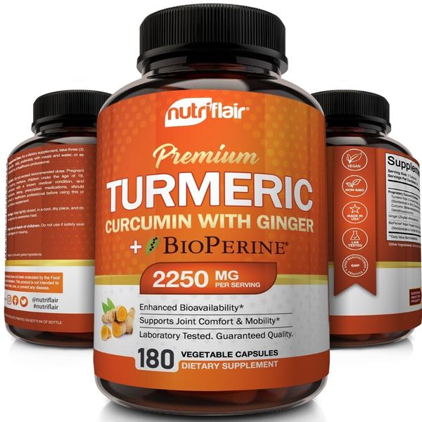 Turmeric Curcumin with Ginger & BioPerine Joint Pain 2250 mg Root 180 Capsules