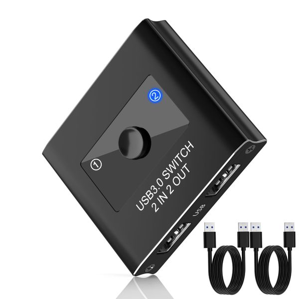 USB Switch, USB 3.0 Switcher 2 in 2 Out, USB 3.0 Switch Selector, USB Switcher 2 computers Sharing 2 Devices for Printer, Keyboard, Scanner, Mouse, Compatible with Mac/Linux/Win