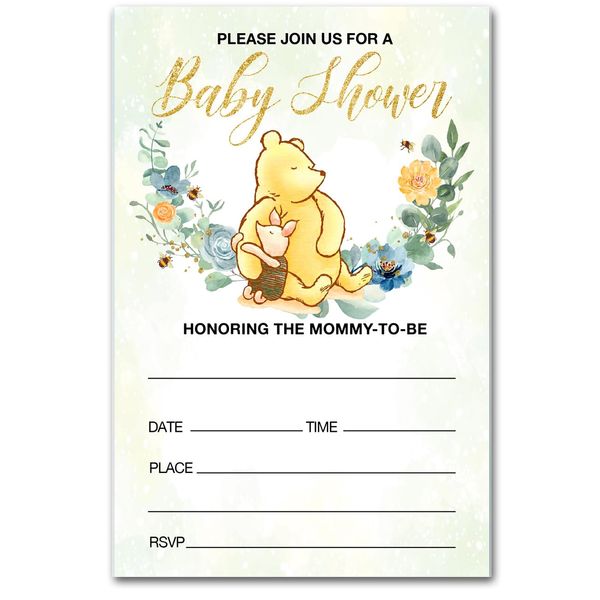 brayqu Winnie the Pooh Baby Shower Party Invitations Floral Pooh Bear Baby Shower Party Invites (20 Cards with Envelopes)