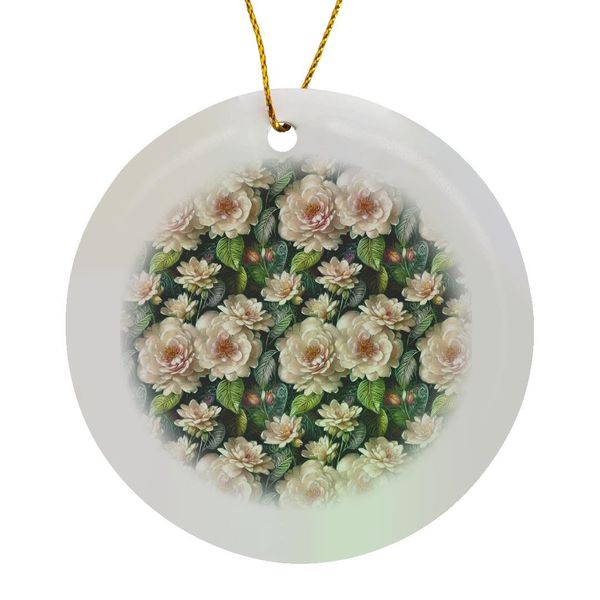 Circle Porcelain Ornament - Ivory Blush Floral On Green Leaves Pattern Patterns
