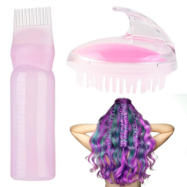 180 ML Wurzelkamm-Applikatorflasche, Haarfärbemittel Pinsel Flasche Haarfärbeflaschen Haaröl Kopfhaut Applikator Kammflasche mit Shampoo Haarbürste Massagebürste Haare Kopfhaut Massagebürste rosa