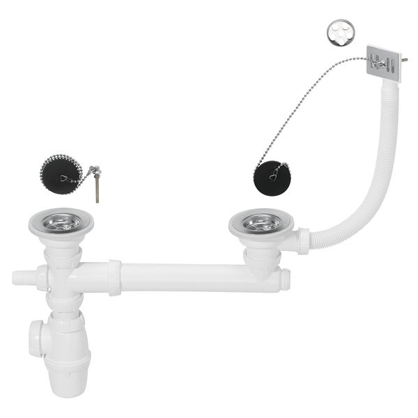 Wirquin SP3233 Siphon / 2 Plugholes / 2 Plugs/Pipe/Washing Machine Connection