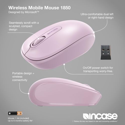 Incase Wireless Mobile Mouse 1850 – Designed by Microsoft – Compact, Comfortable, Right/Left Hand Use, 6-Month Battery Life, Nano Transceiver, Works with Mac/Windows 8/10/11 (Light Orchid)