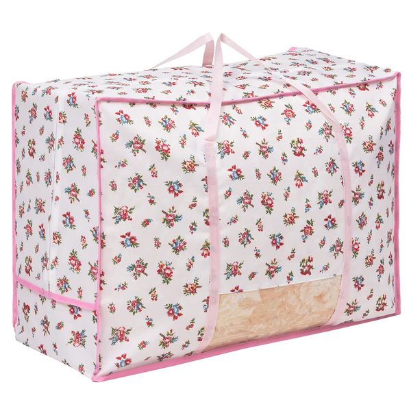 Astro 820-06 Duvet Storage Bag, Single and Double, White x Pink, Floral Pattern, Washable, Clean, Large Capacity, Transparent Window, Handle Included