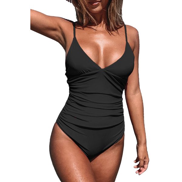 CUPSHE Womens Swimwear One Piece Swimsuit Tummy Control V Neck Bathing Suits Medium Black