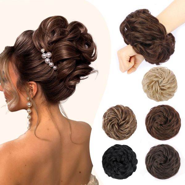 forfeels Messy Bun Hair Piece, Wavy Curly Messy Hair Buns Hair Piece, Elastic Tousled Updo Synthetic Fake Hair Bun, Extensions for Women-Hot Chocolate Brown