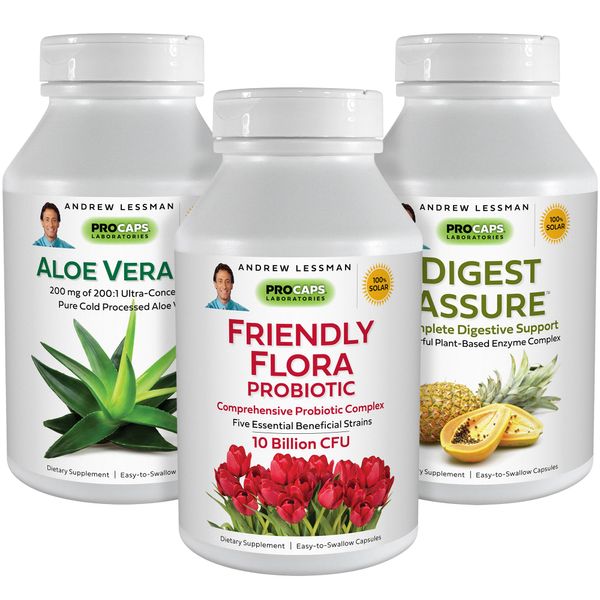ANDREW LESSMAN Complete Digestion Kit – 90 Capsules – 3-Product Bundle: 30 Capsules Each of Digest Assure, Aloe Vera-200 and Friendly Flora Probiotic, for Targeted Support to The Digestive System