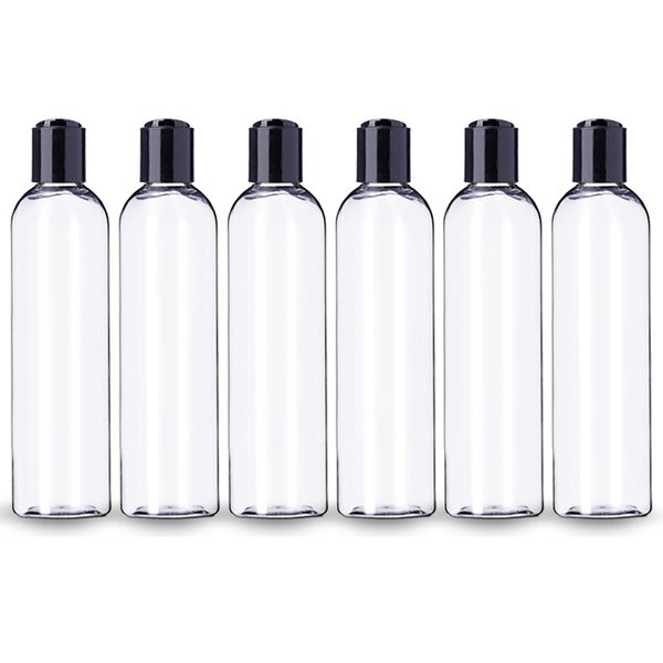 ljdeals 8 oz Clear Plastic Empty Bottles with Black Disc Top Caps, Refillable Containers for Shampoo, Lotions, Cream and More Pack of 6, BPA Free, Made in USA