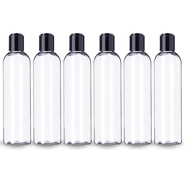 ljdeals 8 oz Clear Plastic Empty Bottles with Black Disc Top Caps, Refillable Containers for Shampoo, Lotions, Cream and More Pack of 6, BPA Free, Made in USA