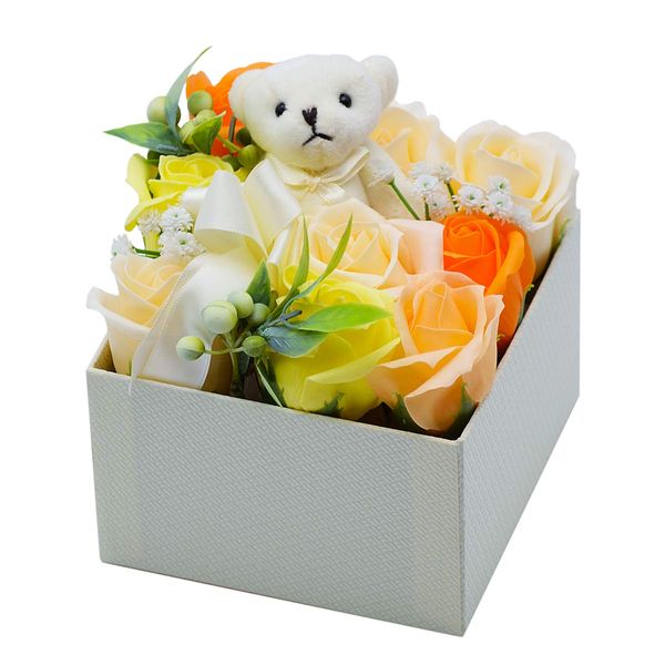 Bubble Flower Bear Box, Soap Flower Arrangement, Bear Plush, Rose, Box Flower (Orange)