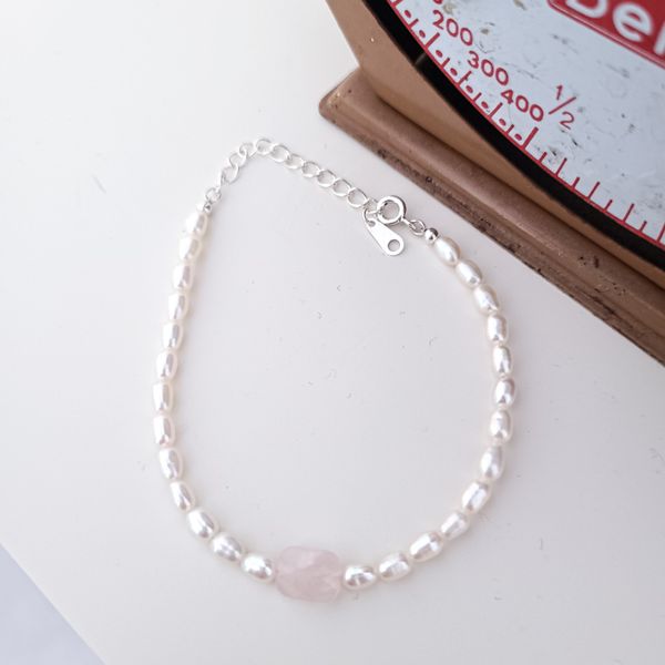 Rose Quartz Pink Gemstone Freshwater Pearl Silver Bracelet Anklet