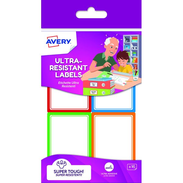 Avery Resistant Rectangular Labels, 44 x 64 mm, 16 Labels Per Pack, White (with Coloured Patterned Edges)