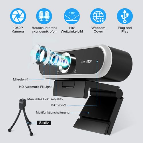 Webcam with Microphone, Full HD 1080P Web-Camera with Cover and Tripod, USB Plug & Play for Video Chat and Recording