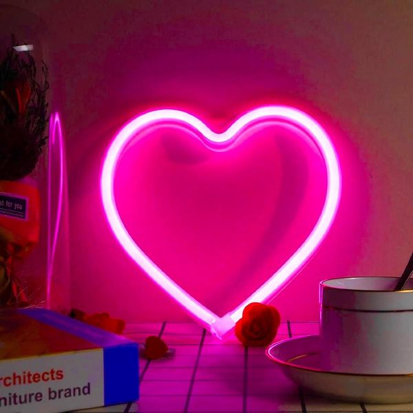 Pink Heart Neon Sign, LED Light Battery Operated or USB 8L" x 8W",