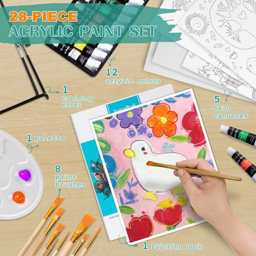 koseibal Acrylic Paint Set for Kids, Art Painting Supplies Kit with 12 Paints, 5 Canvas Panels, 8 Brushes, Table Easel, Etc, Premium Paint Set for Students, Artists and Beginner.