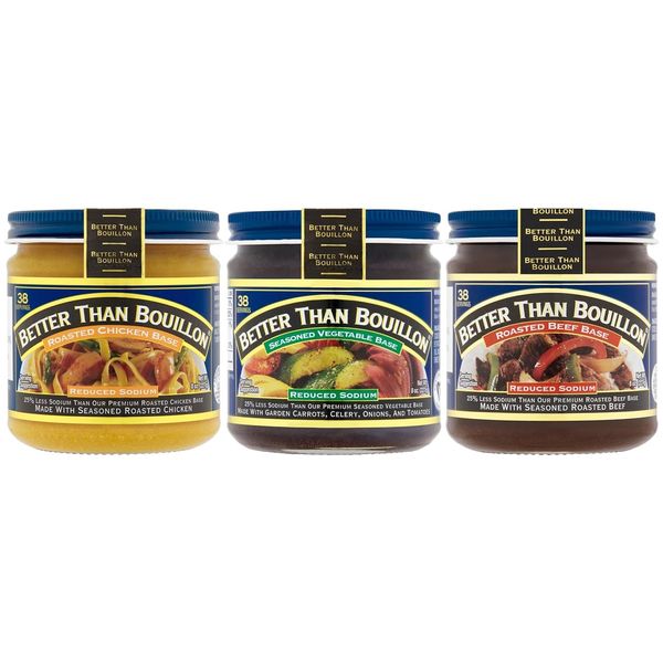 Better Than Bouillon Reduced Sodium Base Variety Pack, 1 Jar Reduced Sodium Roasted Chicken Base, 1 Jar Reduced Sodium Seasoned Vegetable Base, 1 Jar Reduced Sodium Roasted Beef Base, 8 OZ Jars (3 CT)