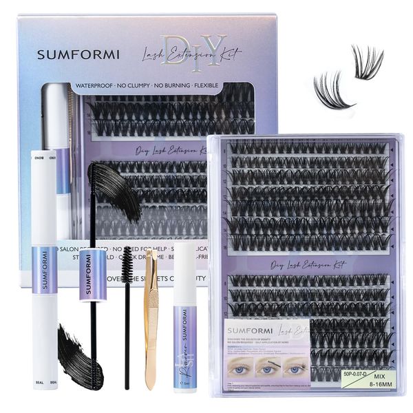 Ciglia Finte Cluster Kit di Estensione Ciglia Individuale Lashes Kit per Principiante a Casa con 280 Pcs 8-16mm Lunghezza D Curl Lash Clusters Lash Glue Remover Pinzette Lash Applicator Tool