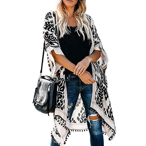 Damen Kimono Cardigan Strand Sommer, Loose Lange Boho Bikini Cover Up, Oversized Mode Leichte Frauen Beachwear Bedecken, Strandkleider, Weiß Schwarz Printed