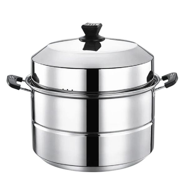 Steamer Pot, Steamer Pot, Stainless Steel Steamer, 2-tier, 3-Tier [11.8 - 15.7 inches (30 - 40 cm)] Double-Handed Pot, 3-Layer Bottom, Deep, Stainless Steel, Resin Processing, Induction Compatible, Various Heat Sources, Multi-Layer, Home Steamer, Commerci