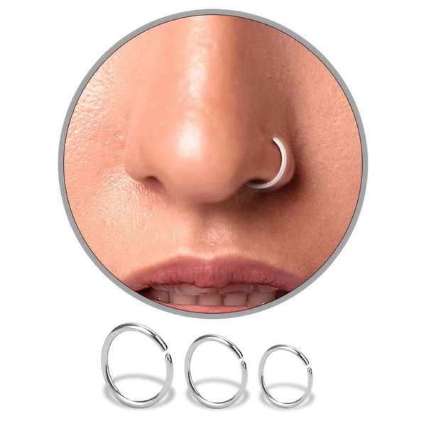 VYIZERR 3pk Nose Rings Hoops Silver, Thin Snug Surgical Steel Nose Septum Tragus Earring lip Nostril Piercing Jewelry for Women, 20g guage + 3 Size in 1- Pack 6mm 8mm 10mm