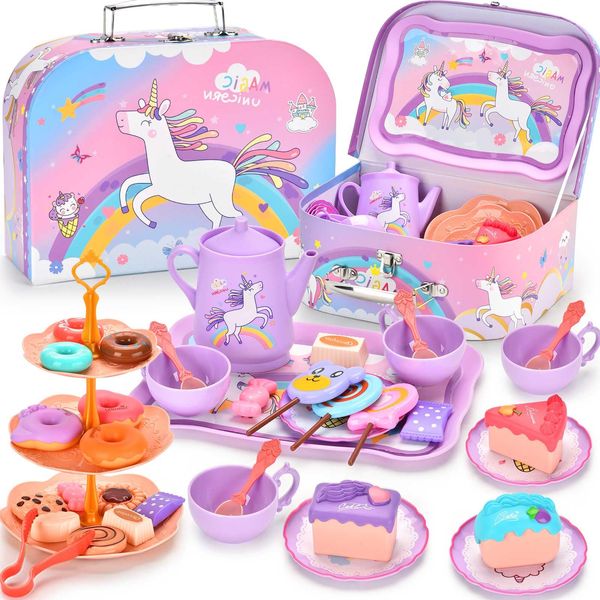 Lajeje 44Pcs Unicorn Tea Party Set for Little Girls, Pretend Plastic Teapot Set, Princess Tea Time Play Kitchen Toy with Dessert, Carrying Case for Birthday Easter Gifts Kids Toddlers Age 3 4 5 6