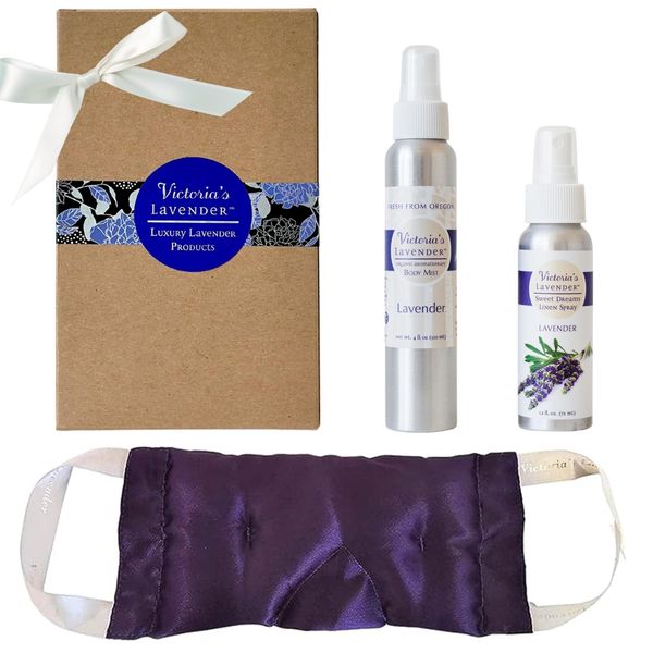 Victoria's Lavender Luxury Aromatherapy Eye Mask Pillow, Body Mist 4 oz, Pillow & Linen Spray 2.5 oz with Lavender Essential Oil, Gift Set Ideal for Lavender Lovers, Soothing Comfort - (Set of 3)