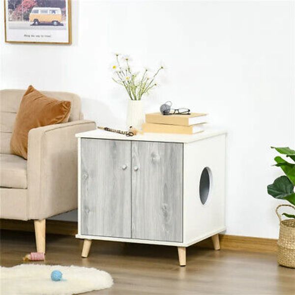 Wooden Cat Litter Box Furniture White End Table Stylish Pet Solution