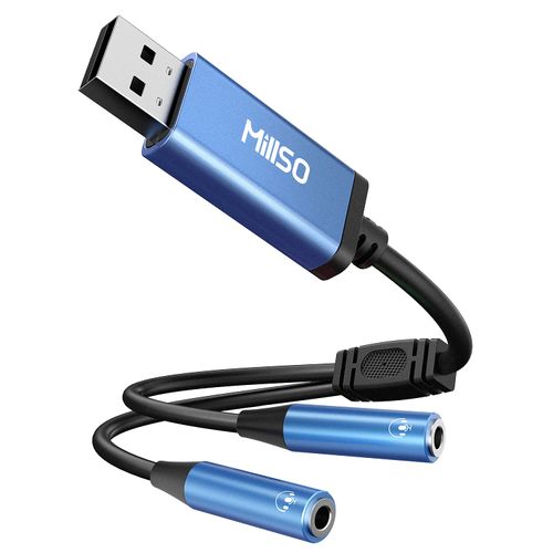 MillSO USB to Dual 3.5mm Audio Jack Adapter, Sapphire Blue TRRS External Stereo Sound Card Headphone Stereo Jack Splitter for Two Headphones, Speakers to a PC, Laptop, Desktop, PS4, PS5-1 Feet