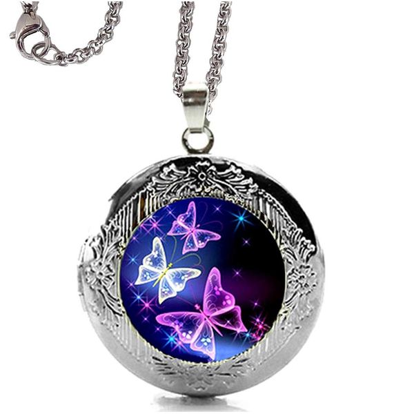 DianaL Boutique Silver Tone Beautiful Blue and Purple Butterfly Locket Pendant Necklace with 24" Stainless Steel Chain