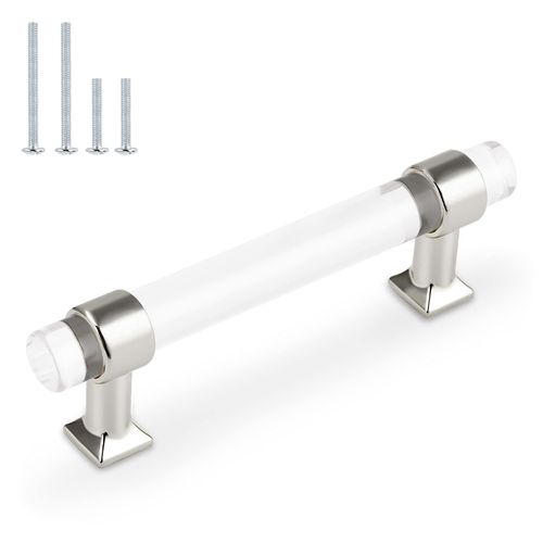 Orger 5 Pack Kitchen Cabinet Pulls 3 3/4 Inch Hole Center Clear Acrylic Drawer Pulls with Silver Chrome Finish Zinc Alloy Base Cabinet Handles for Bedroom Wardrobe