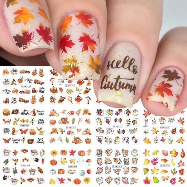 Fall Nail Stickers Thanksgiving Day Water Transfer Nail Decals Yellow Maple Leaves Fall Design Nail Art Stickers 12 Sheets Nail Art Supplies Cartoon Pumpkin Nail Art Decals for Women DIY Manicure