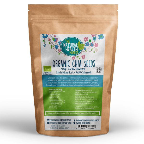 Organic Chia Seeds by The Natural Health Market • Soil Association Certified Organic • Mixed Black Chia and White Chia • Rich Protein Source (500g)