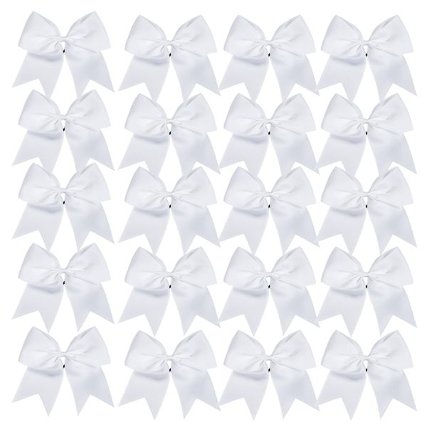 Cheerleader Bows 8 Inch 20 pcs Ponytail Holder Cheerleading Bows Hair Tie (White)